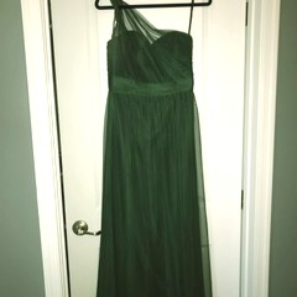 Amsale Hunter Green Tulle 1-shoulder evening gown
